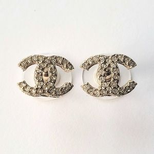 CHANEL F16 V CC Gold Rhinestone Curvy Earrings